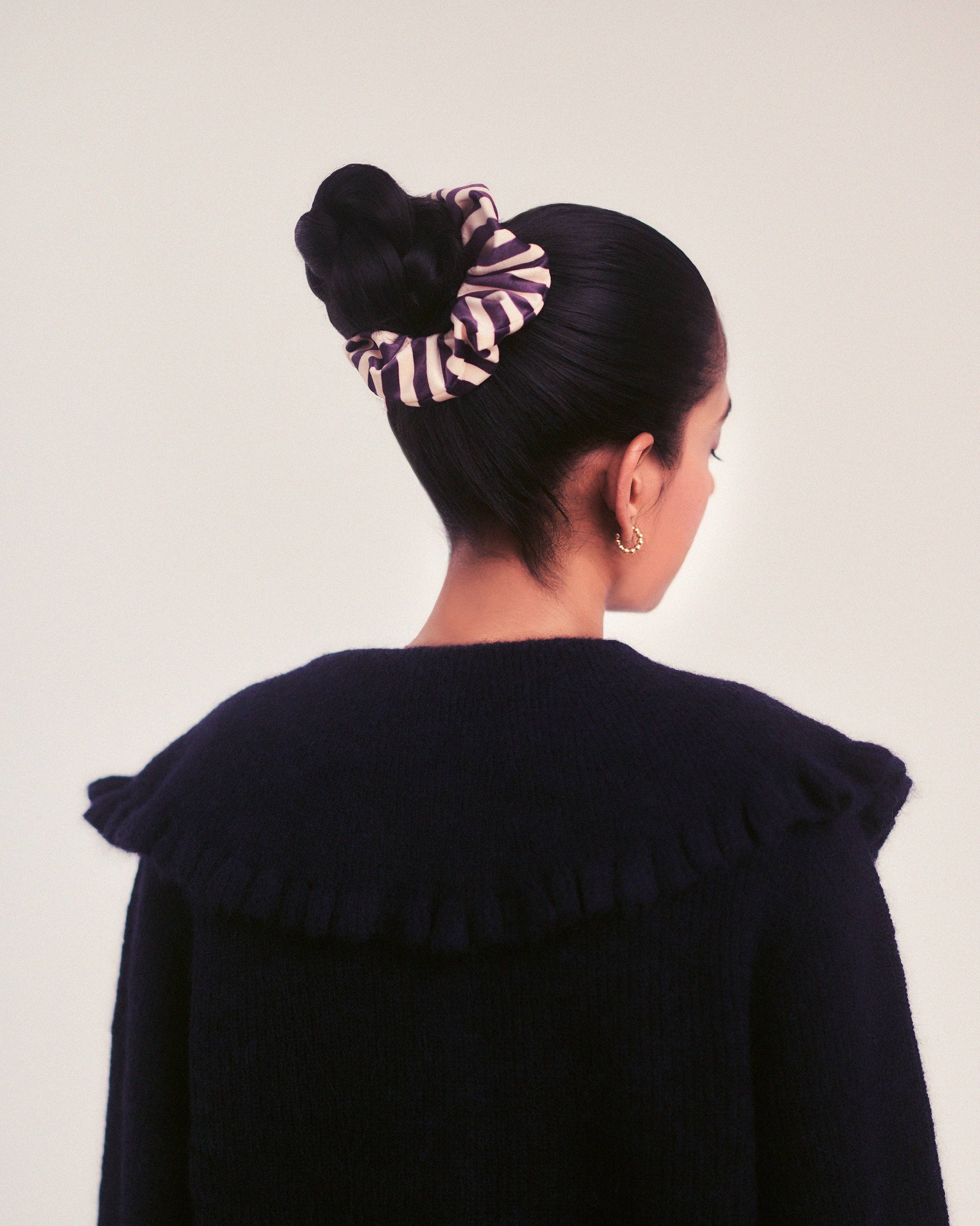 Icon Velvet Scrunchie Aubergine and Cream Stripe