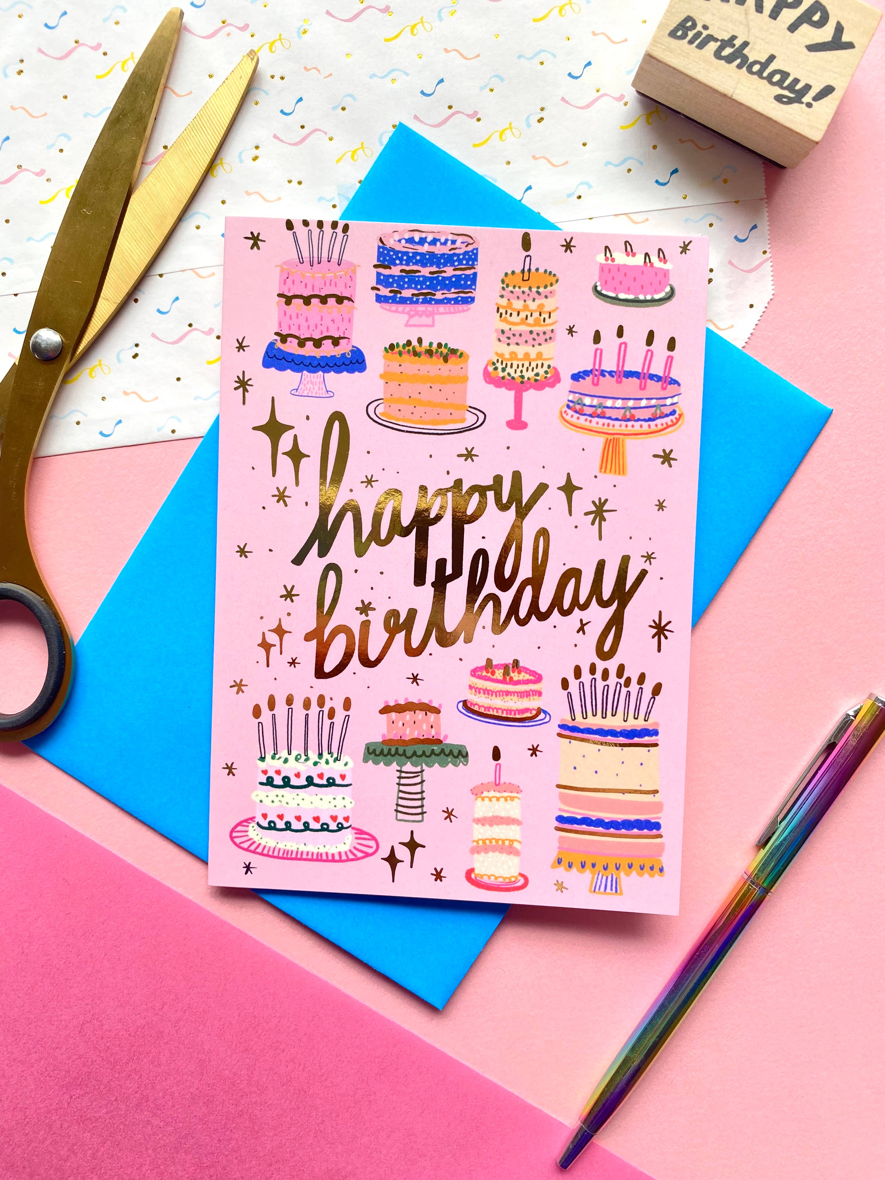 Happy Birthday Cake Pattern Gold Card
