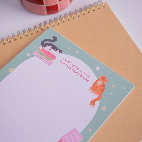 Cat Books Notepad – Working hard so I can buy more books