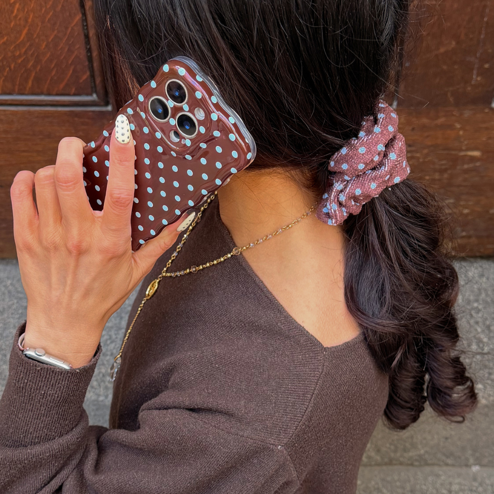 TOWEL Scrunchie - Brown & Blue Polka Dot