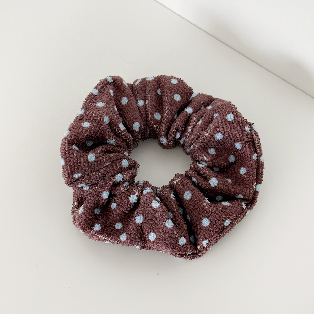 TOWEL Scrunchie - Brown & Blue Polka Dot