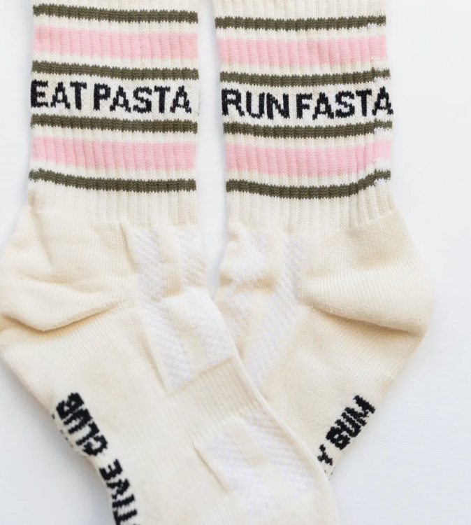 Eat Pasta Run Fasta: Slogan Sports Socks- Cream, Green and Pink