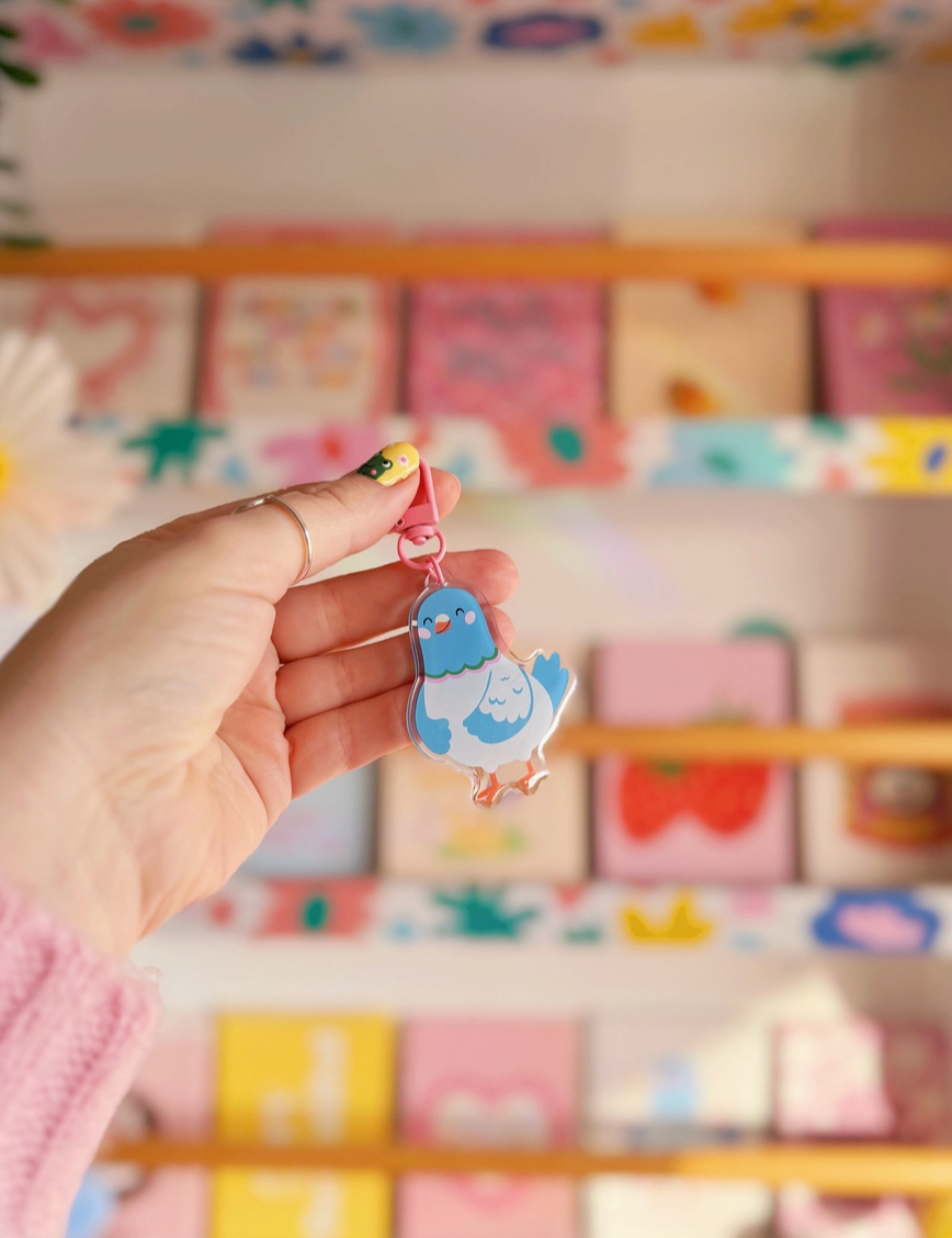 Pigeon Keyring | Acrylic Double Sided Keyring with Clasp