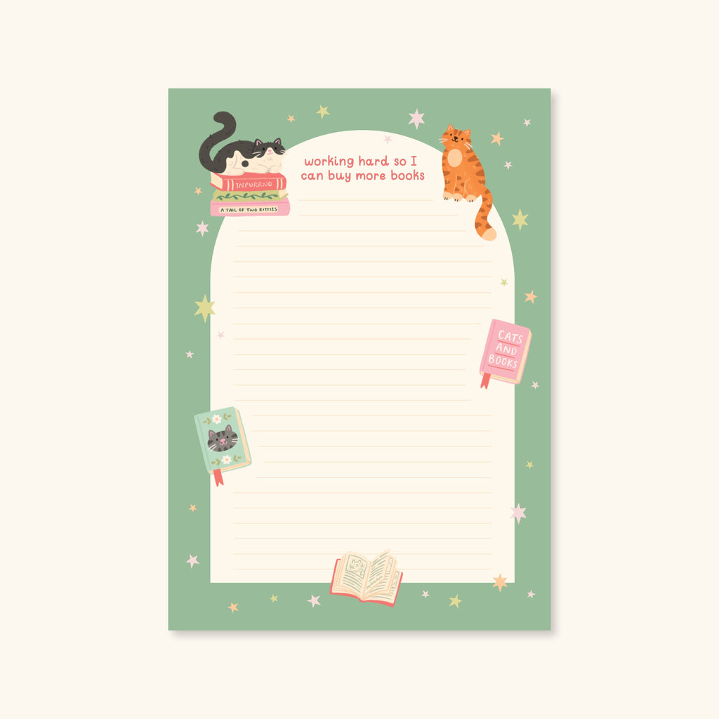 Cat Books Notepad – Working hard so I can buy more books