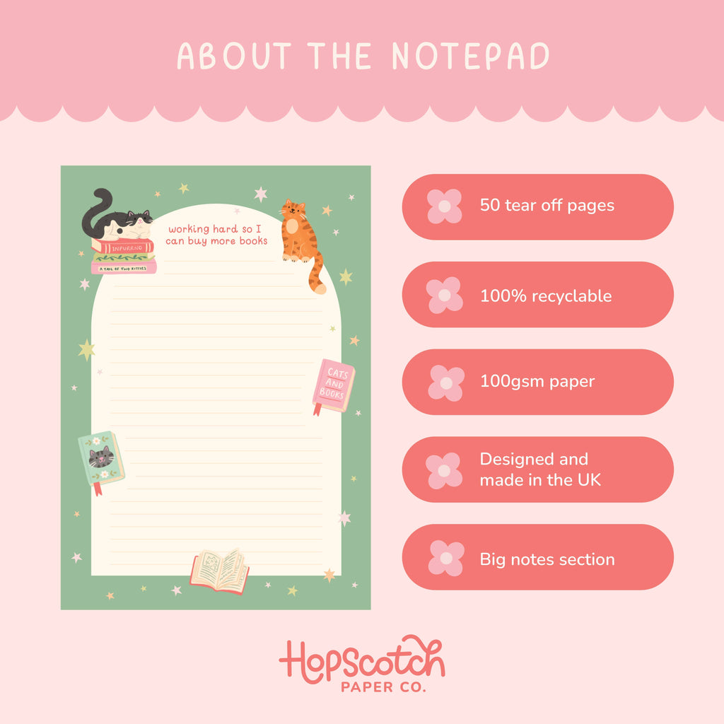 Cat Books Notepad – Working hard so I can buy more books