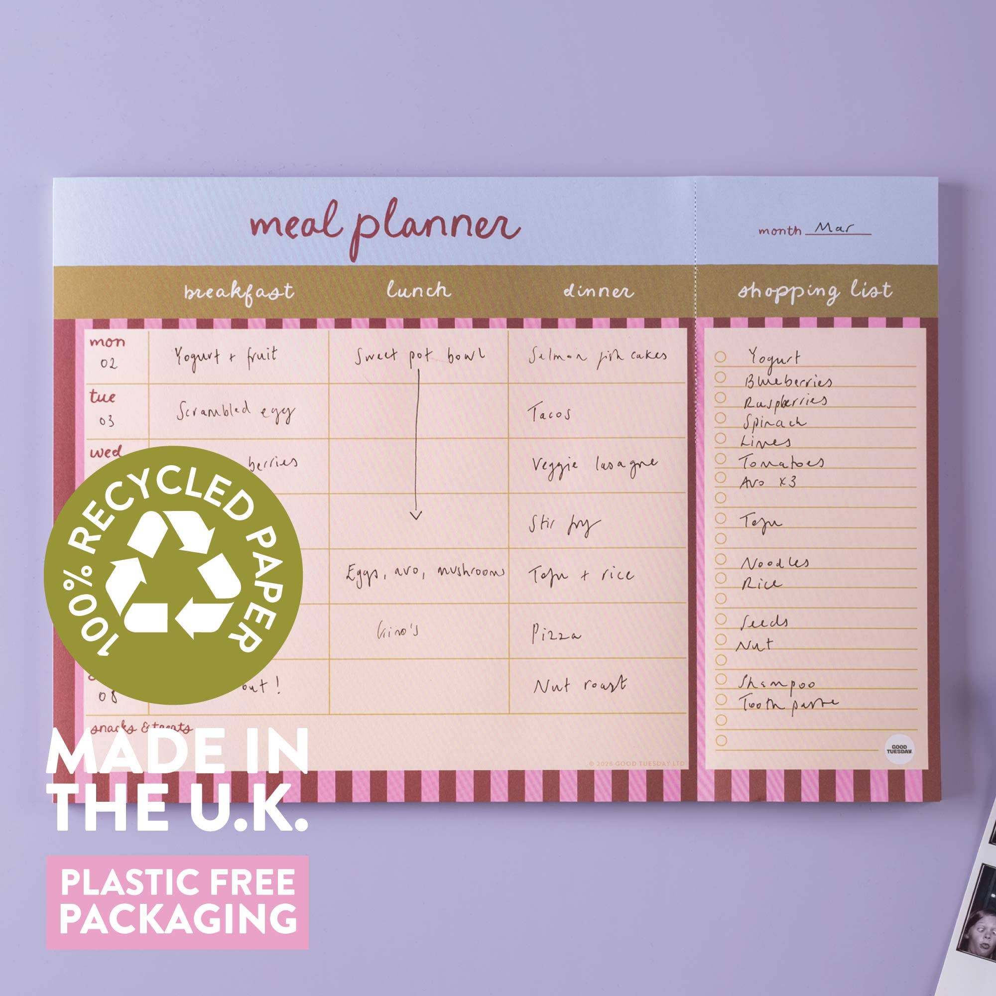 A4 Weekly Meal Planner Pad | Berry Stripe
