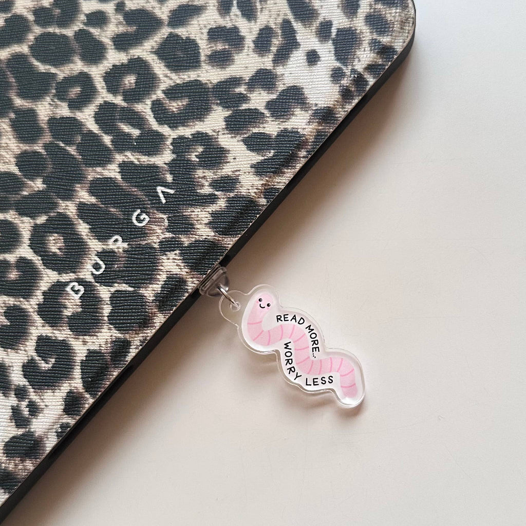 Kindle Charm - Read More Worry Less Worm Pink