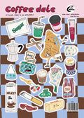 A5 sticker sheet; coffee dates design, notebooks