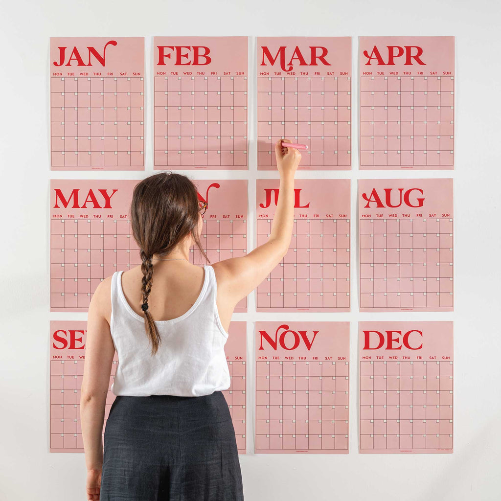 A3 Undated Wall Planner 12 Page, Pink & Red, Recycled Paper