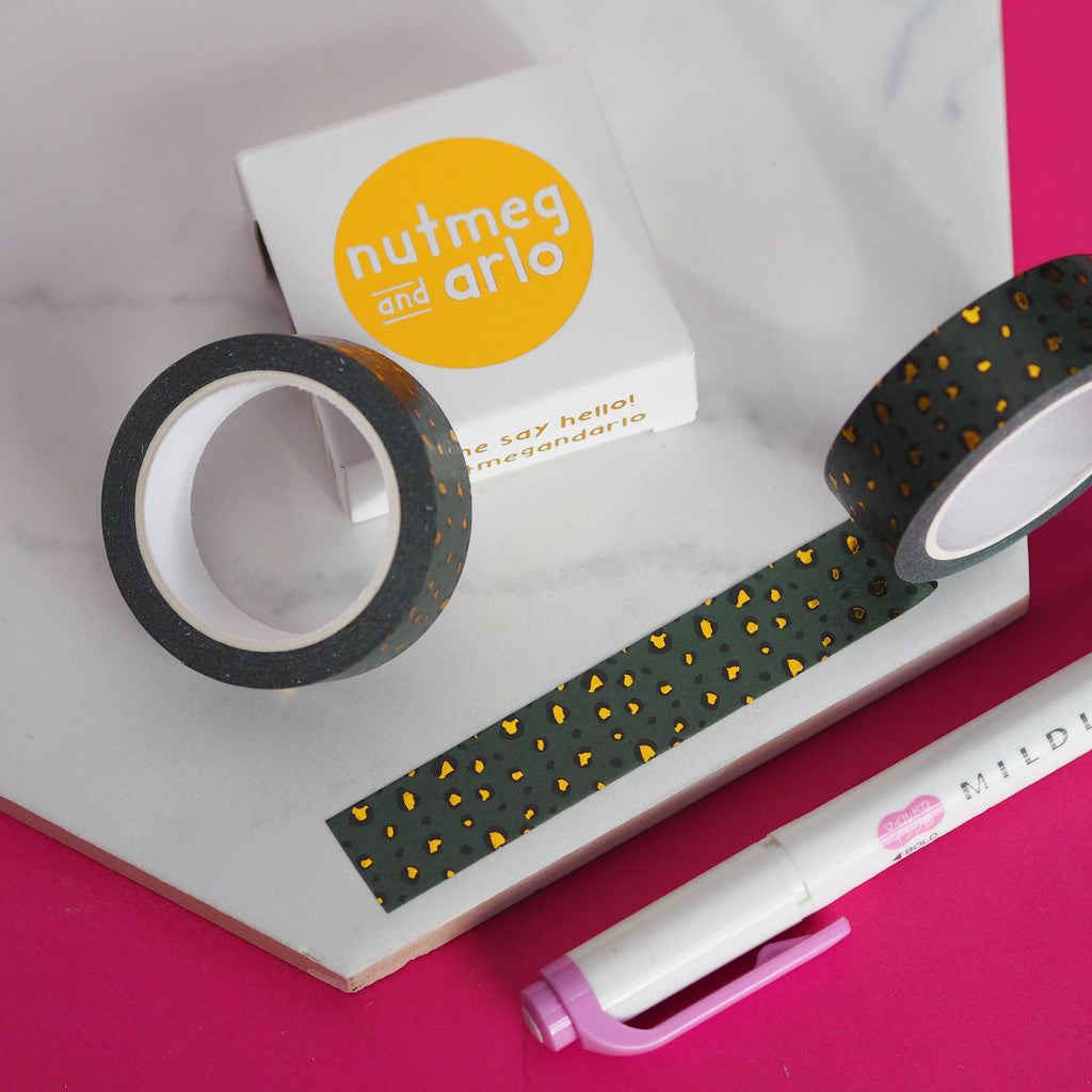 Emerald Green Leopard Print Gold Foil Washi Tape