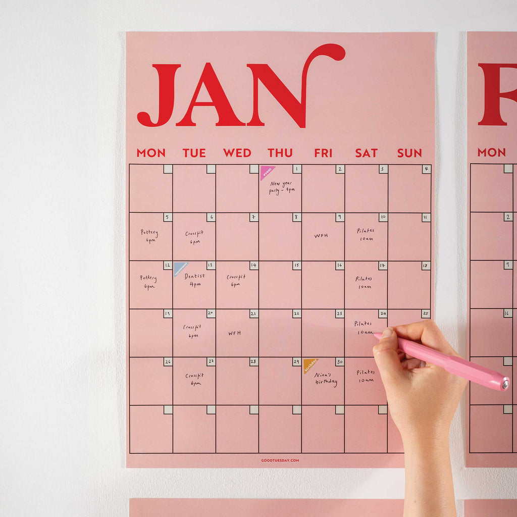 A3 Undated Wall Planner 12 Page, Pink & Red, Recycled Paper