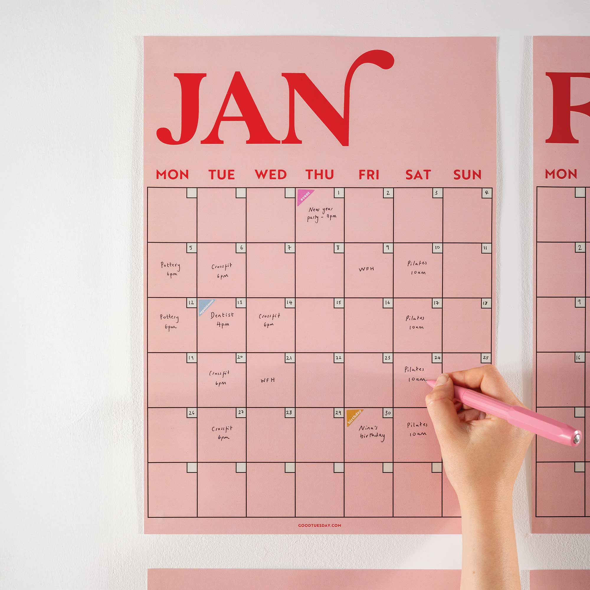 A3 Undated Wall Planner 12 Page, Pink & Red, Recycled Paper