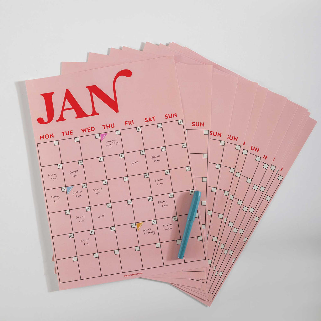 A3 Undated Wall Planner 12 Page, Pink & Red, Recycled Paper