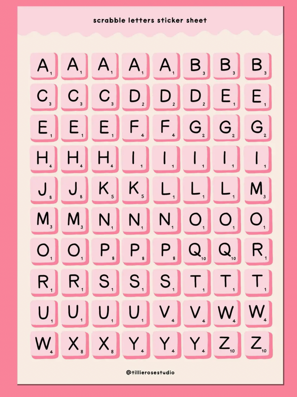 Pink Scrabble Letters Sticker Sheet