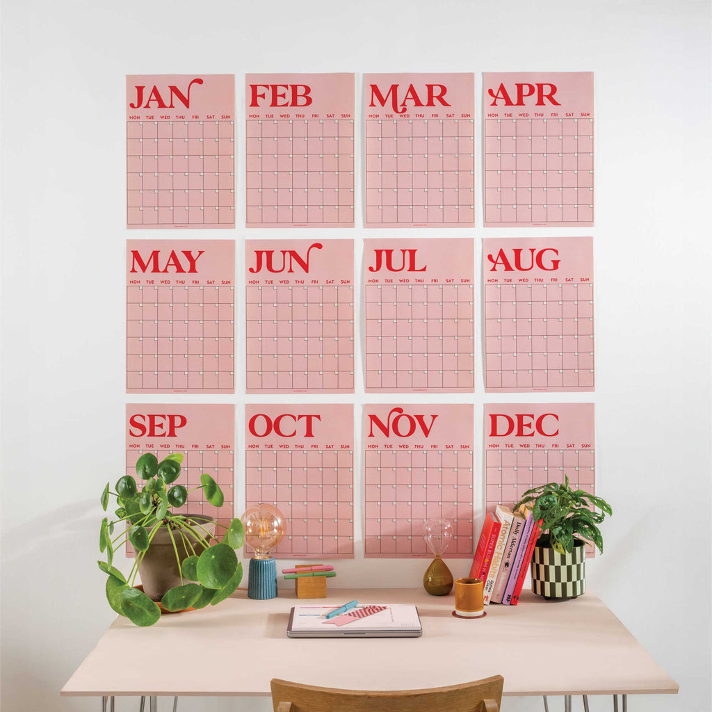 A3 Undated Wall Planner 12 Page, Pink & Red, Recycled Paper