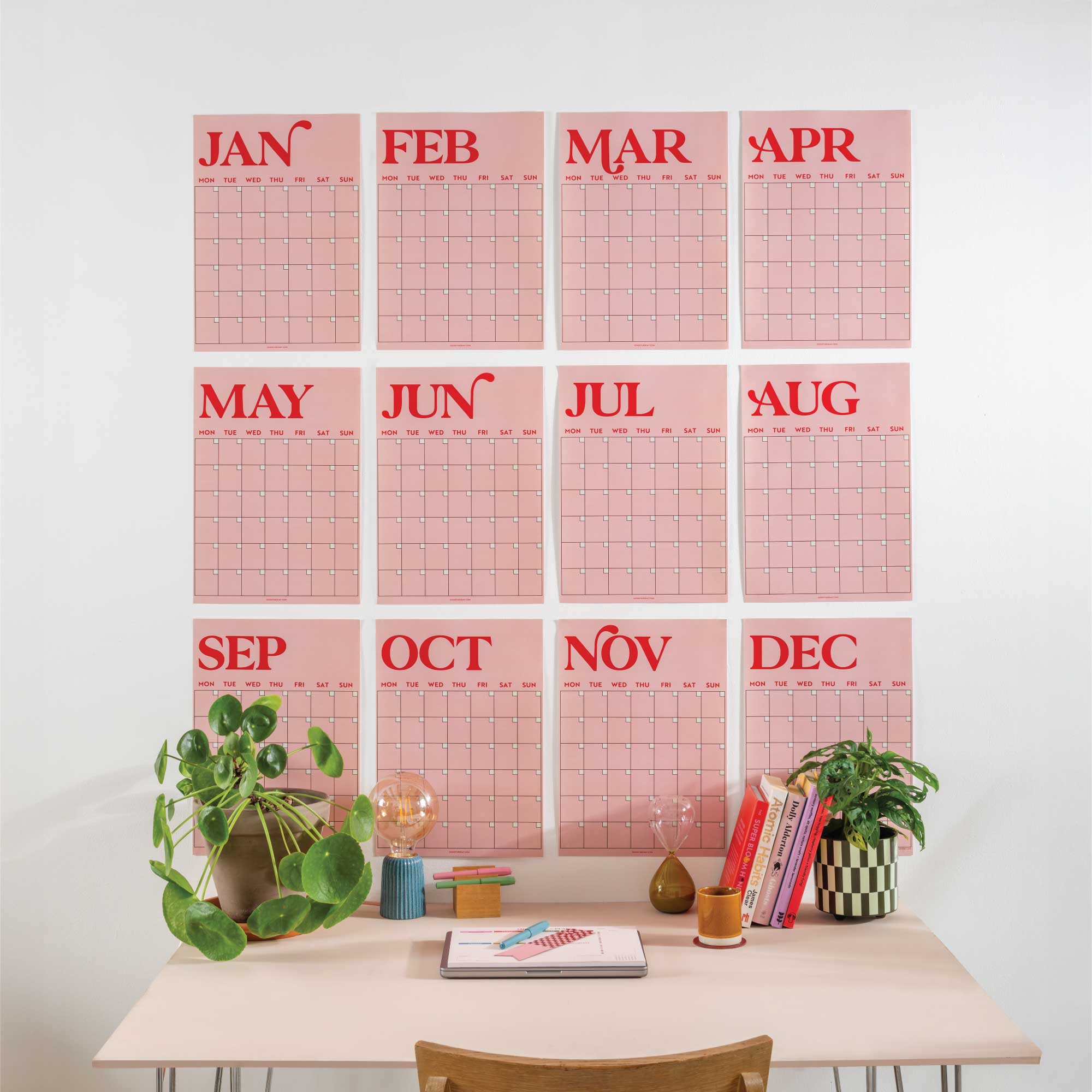 A3 Undated Wall Planner 12 Page, Pink & Red, Recycled Paper