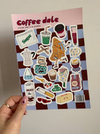 A5 sticker sheet; coffee dates design, notebooks