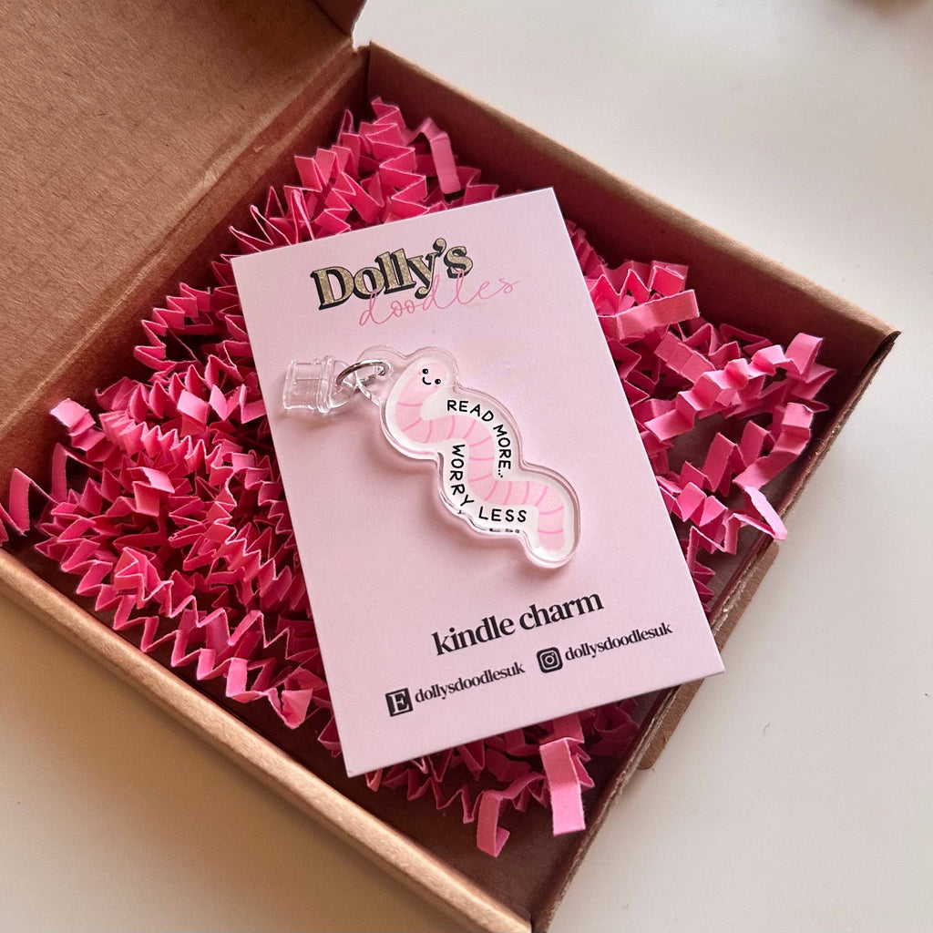 Kindle Charm - Read More Worry Less Worm Pink