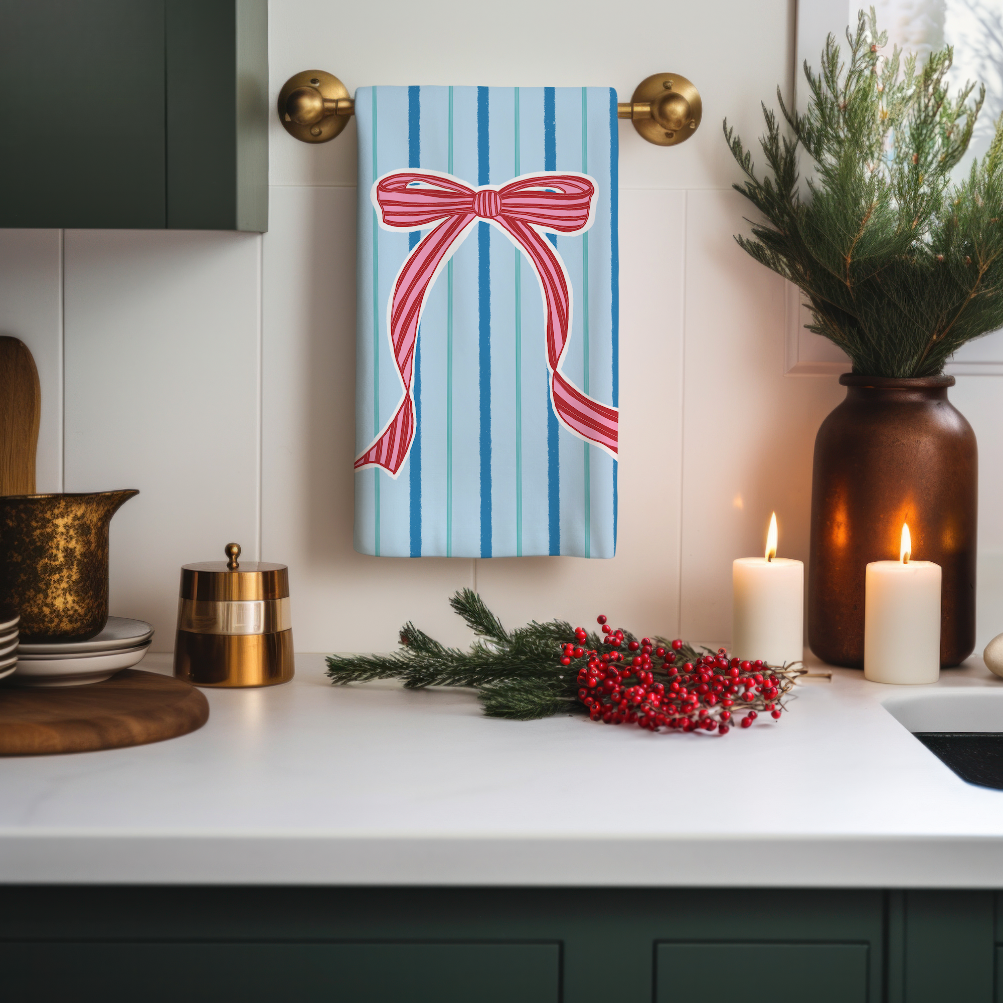 Blue Christmas Bow Tea Towel