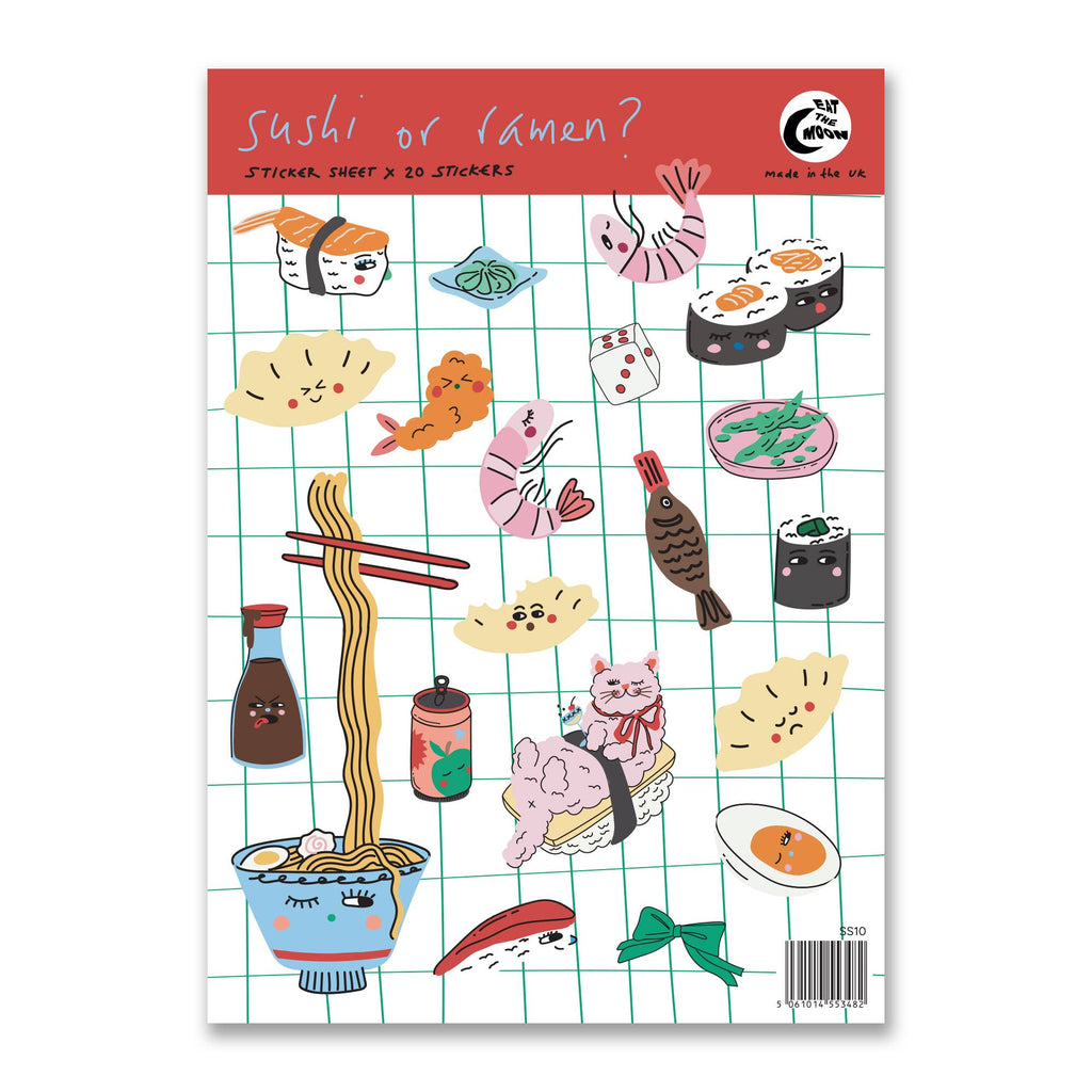 A6 sticker sheet, 20 x mini stickers, sushi or ramen?